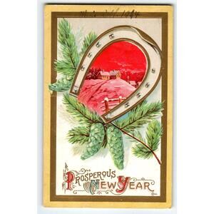 Prosperous New Year Postcard Horse Shoe Rustic Pinecones D Goldie 1914 Embossed